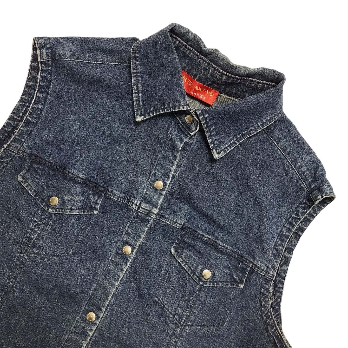 Perte Aktive Vintage 80's Blue Sleeveless Snap Button Denim Shirt Womens UK 14