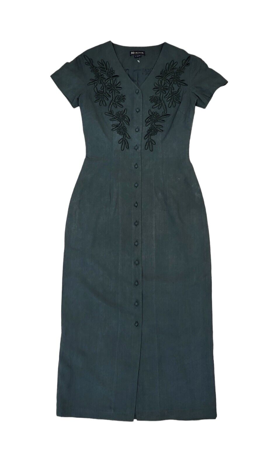90s Vintage Monsoon Dark Green Silk Buttoned Daywear Dress Women's Size 10