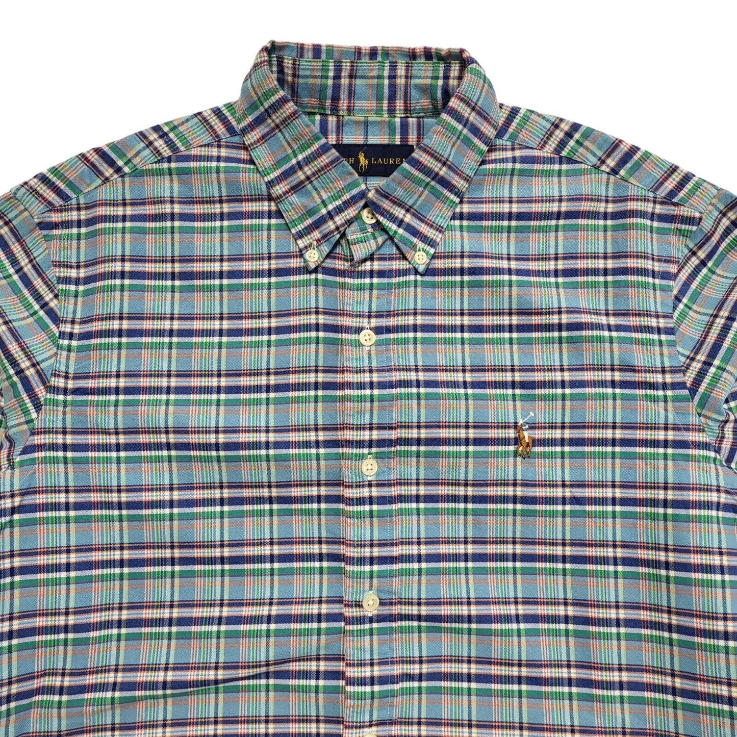 Ralph Lauren 90's Vintage Blue & Green Checked Long Sleeve Shirt Mens UK Size M