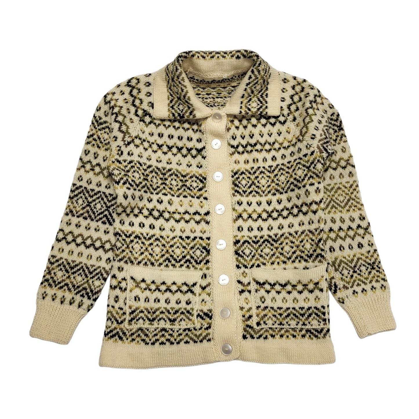 Vintage 70's Beige & Green Button Up Cardigan Uk Women's UK Size 12