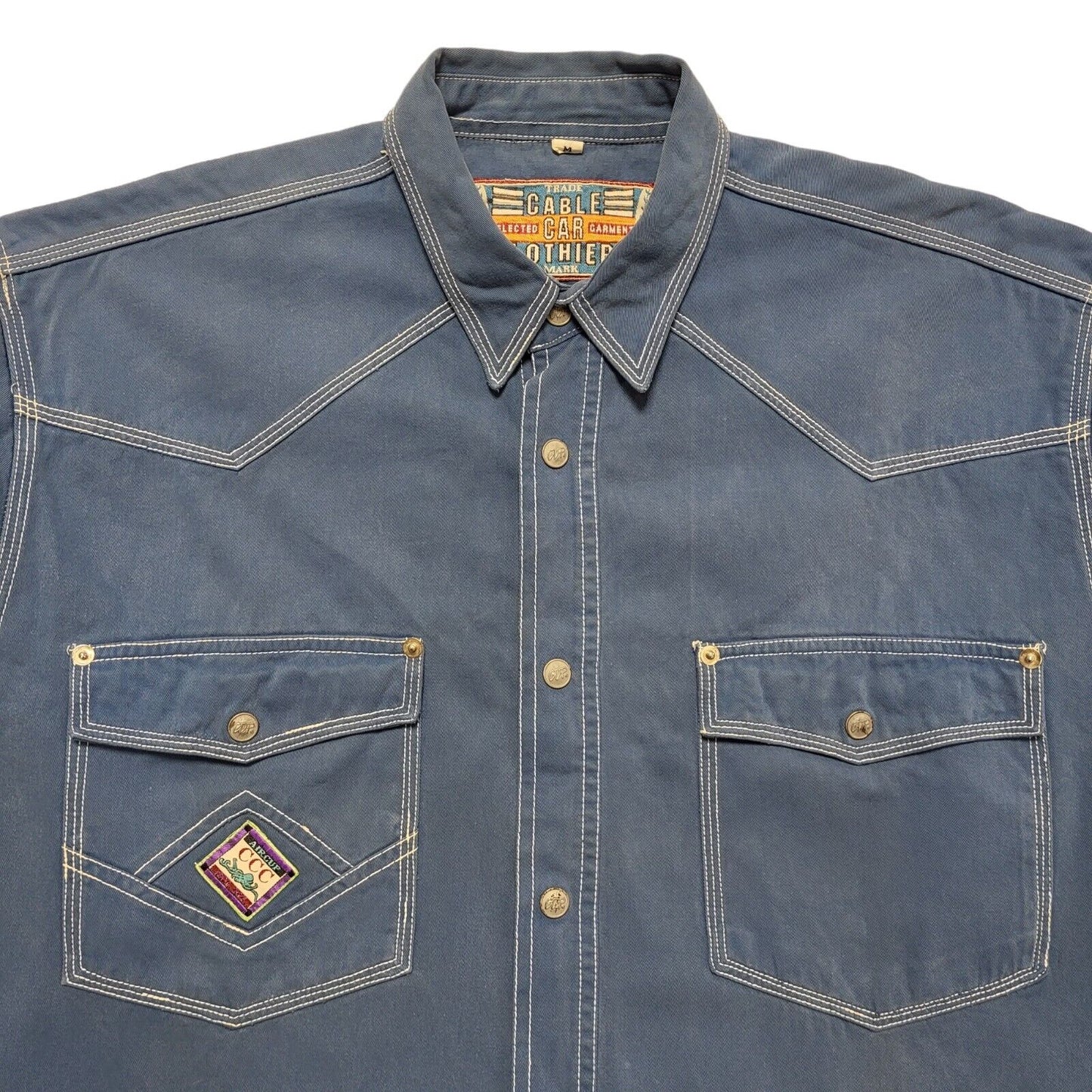 Cable Car 90s Vintage Blue Snap Fasten Shirt Uk Men's Size Medium