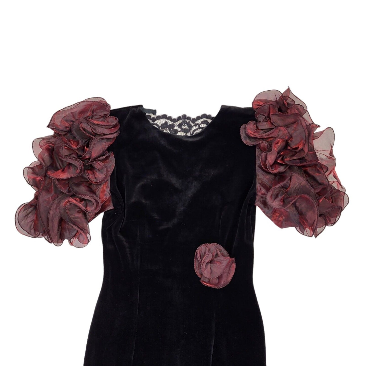 80s Vintage Yvonne Jacovous Black Plum Ruffle Velvet Evening Dress Women's 12