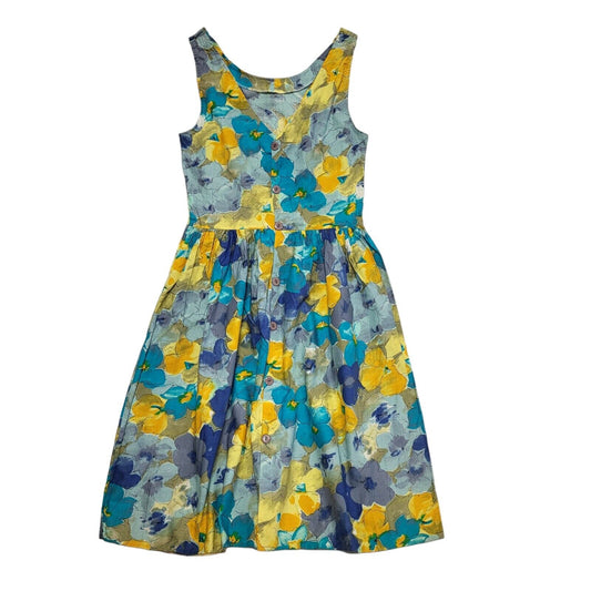 Vintage 70s Blue Yellow Floral Fit & Flare Dress Uk Women's Size 10/12