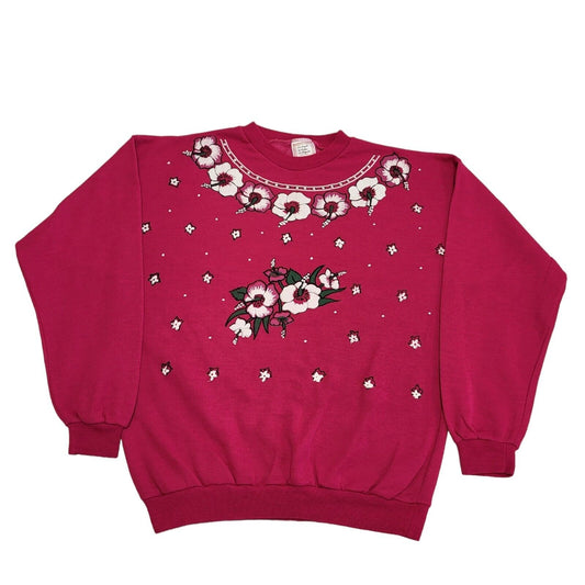 90s Vintage Pink Flower Print Retro Sweatshir Women's Size M