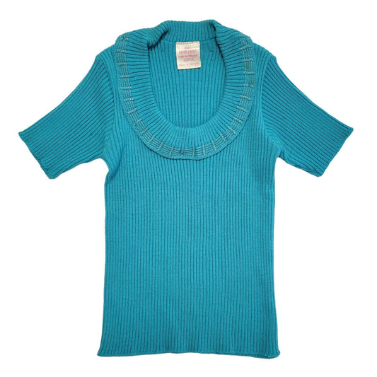 Vintage 70's Blue Ribbed T-Shirt Short Sleeve Womens Size XS
