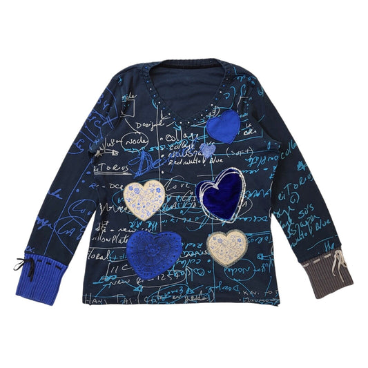 Desigual Y2K Vintage Navy Blue Hearts V-Neck Top Women's Medium