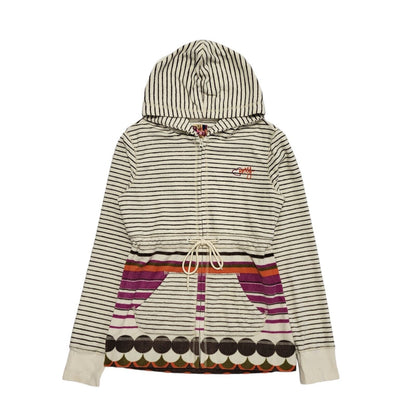 Roxy Vintage Y2K Hooded  Fleece  Beige Striped Full Zip Womens UK Large