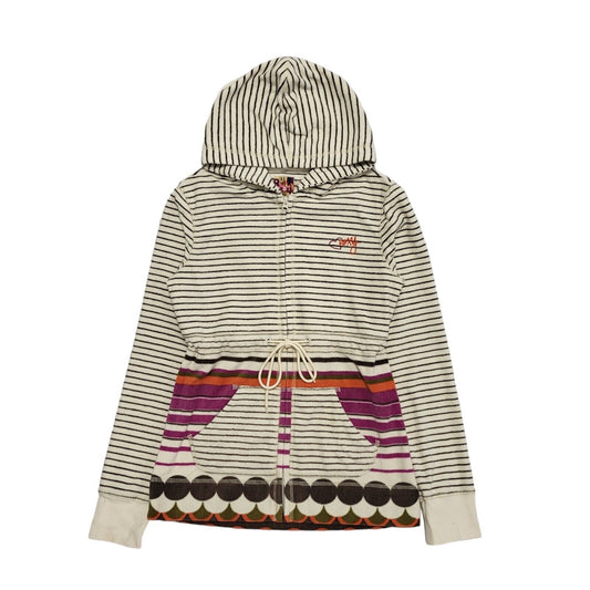 Roxy Vintage Y2K Hooded  Fleece  Beige Striped Full Zip Womens UK Large
