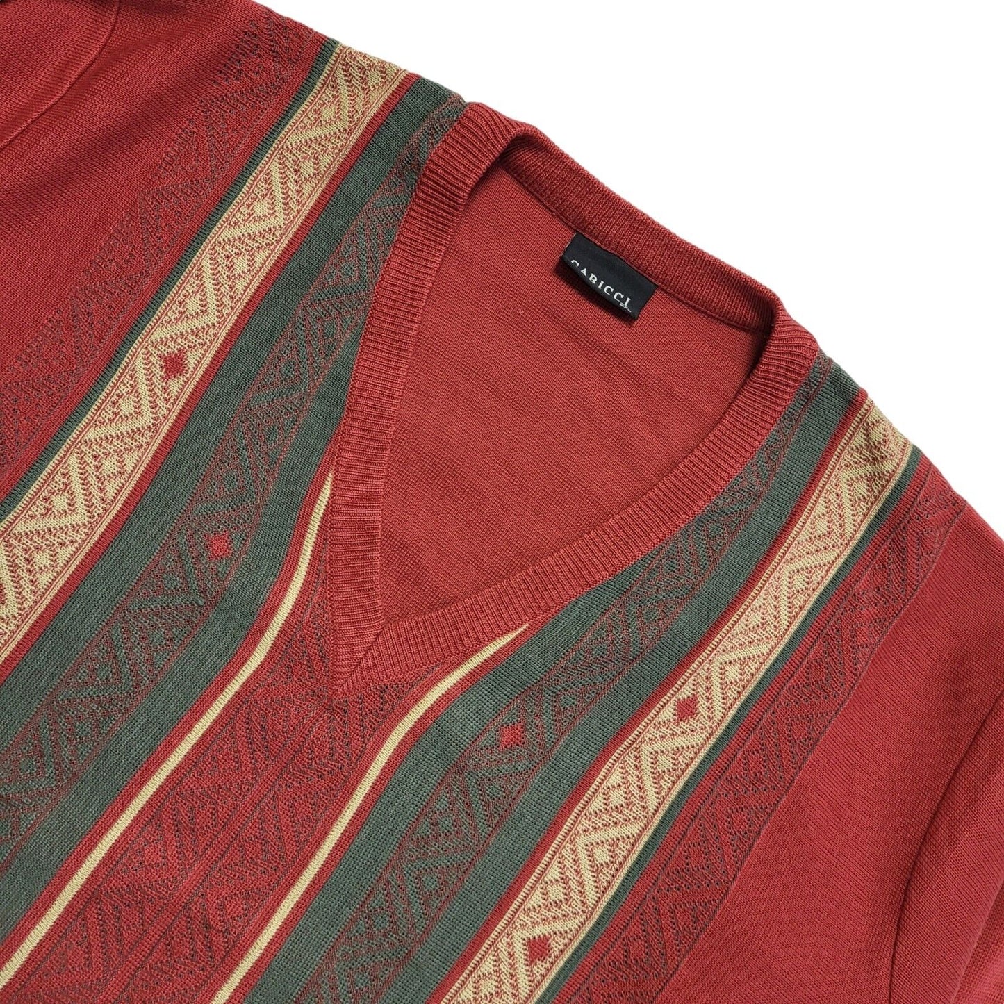 Gabicci Vintage 80s Red Green Striped V-Neck Jumper Men's UK 2XL