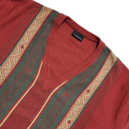 Gabicci Vintage 80s Red Green Striped V-Neck Jumper Men's UK 2XL