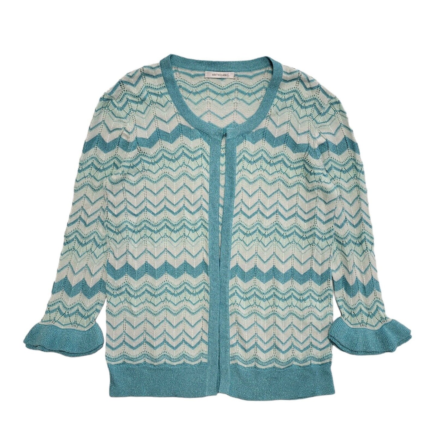 Artigiano Vintage 90's Blue Zig Zag 3/4 Sleeve Cardigan Womens UK M