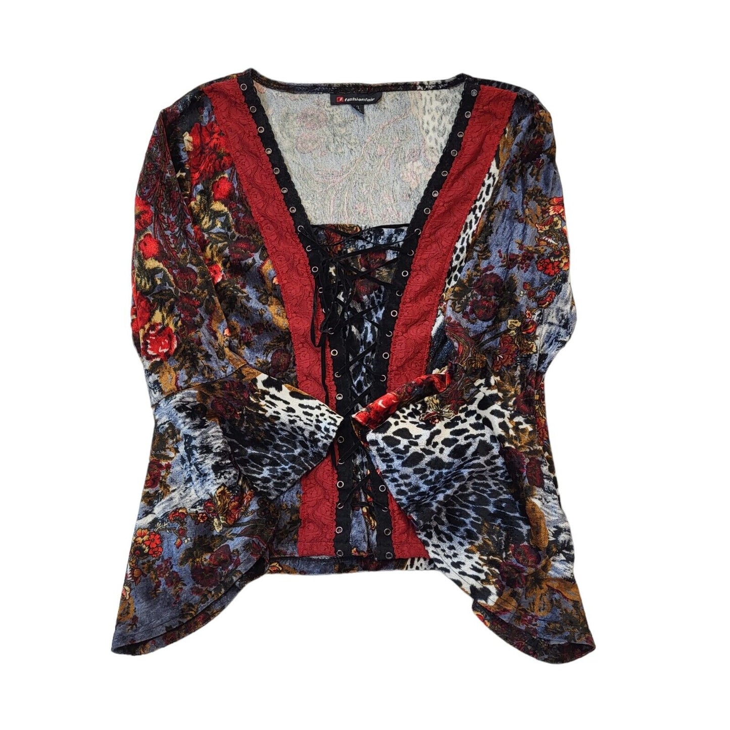Fashion Flair Y2K Floral Lace Up Flared Sleeve Top Women's UK Size XL