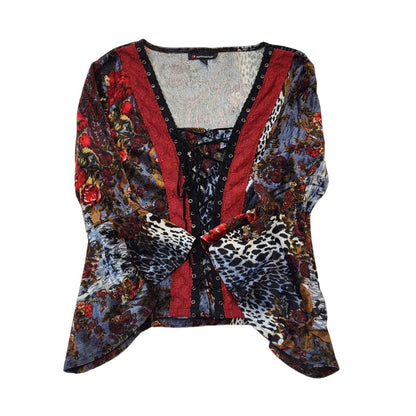Fashion Flair Y2K Floral Lace Up Flared Sleeve Top Women's UK Size XL