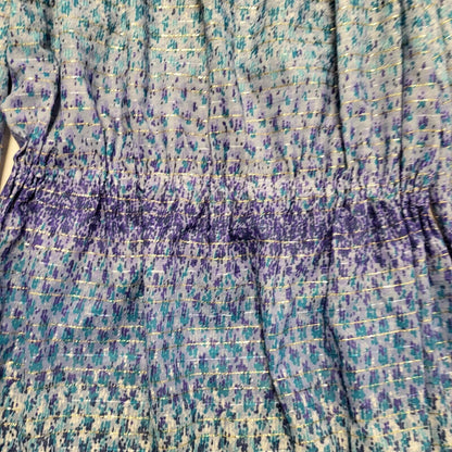 70s Vintage Blue Sparkly Striped Off Shoulder A-Line Daywear Dress Women's 12-14