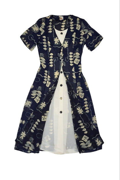 90s Vintage Blue Leaf Print Buttoned Daywear Midi Dress Women's Size S