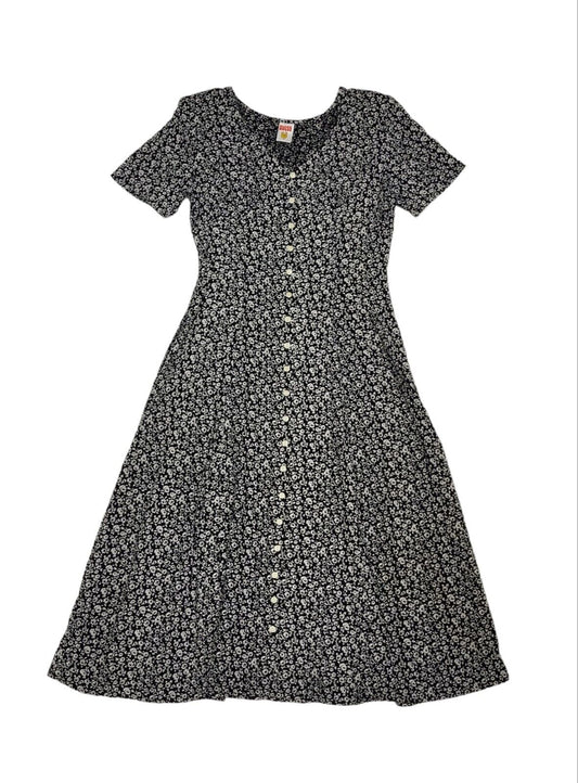 Clock House 80s Vintage Black Floral Button Front Maxi Dress Women's Size 12