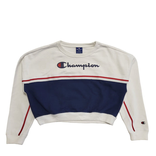 Champion Vintage 90's White & Blue Cropped Sweatshirt Womens UK Size S