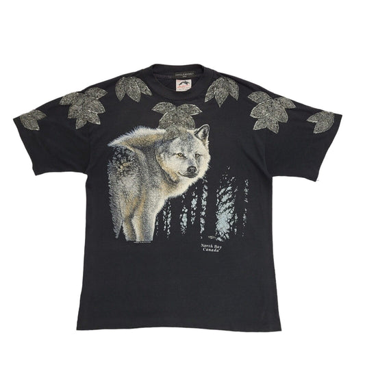 90s Vintage North Bay Canada Black Wolf T-Shirt Uk Women's Size Large