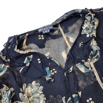 Monsoon 90s Vintage Blue Floral Print Long Sleeve Blouse Women's 14