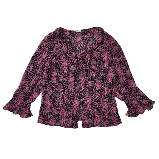 90s Vintage Black & Pink Floral Button Up Blouse Women's Size 16
