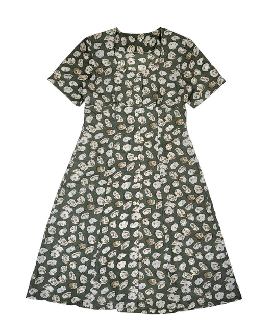 90s Vintage Green Patterned Buttoned Daywear Dress Women's Size 12