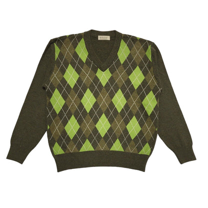Molgoy Y2K Vintage Green Argyle Lambswool Blend V-Neck Jumper Men's Size XLarge