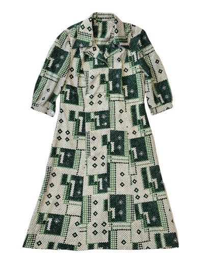 70s Vintage Green Geometric Buttoned Collared Daywear Dress Women's Size 14