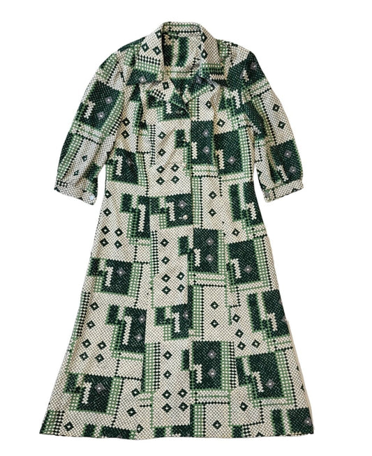 70s Vintage Green Geometric Buttoned Collared Daywear Dress Women's Size 14