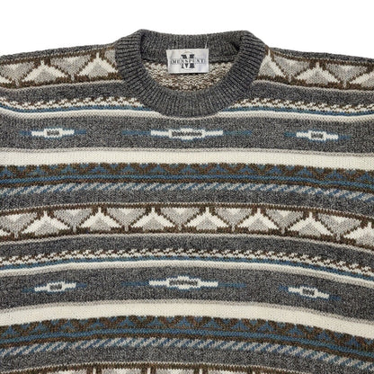 Menspunt Vintage 80s Grey Blue Geometric Crew Neck Jumper Men's UK L