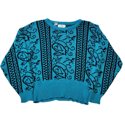 GB 80s Vintage Blue & Black Sparkle Retro Round Neck Jumper Women's Medium.