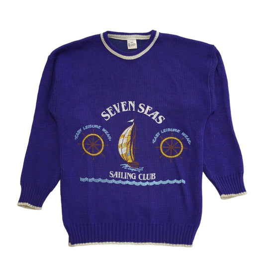 Seven Seas Sailing 80s Blue Crew Neck Acrylic Jumper Men's Size Medium