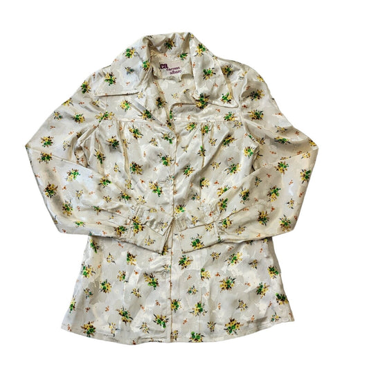 Carmen Albany 70s Vintage Cream & Green Floral Blouse Women's Size 12