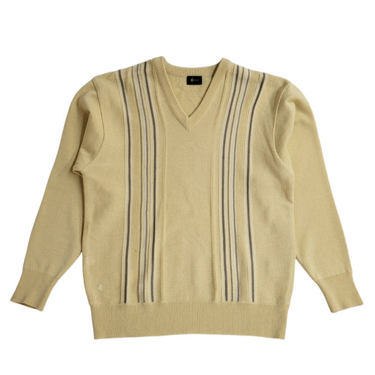 Gabicci Yellow Striped V-Neck Vintage 90's Jumper Men's UK M