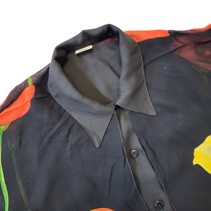90s Vintage Black, Red & Yellow Floral Short Sleeve Blouse Women's L 12-14