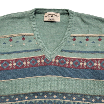 Elgo Collections Vintage 80s Green Geometric V-Neck Jumper Men's UK XL