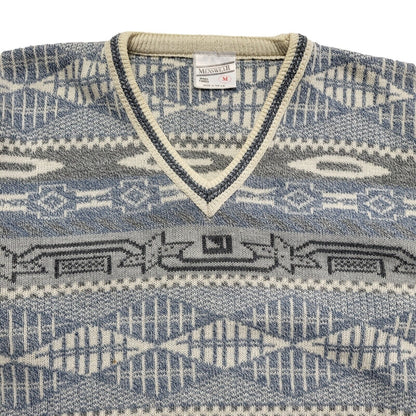 Menswear Vintage 80's Blue & White V-Neck Jumper Mens UK M