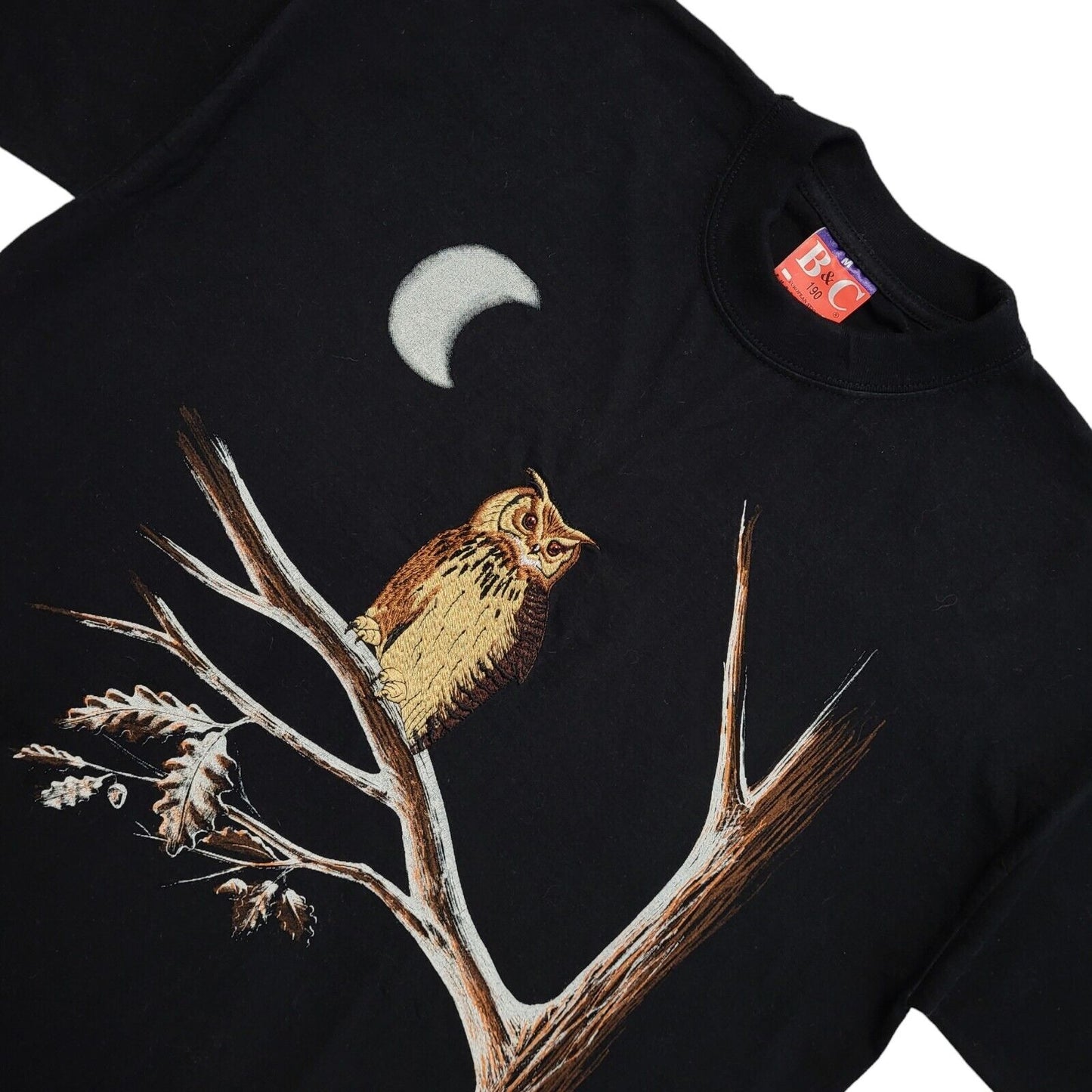 B&C Black Owl & Moon Vintage 90s T-Shirt Uk Men's Size Medium