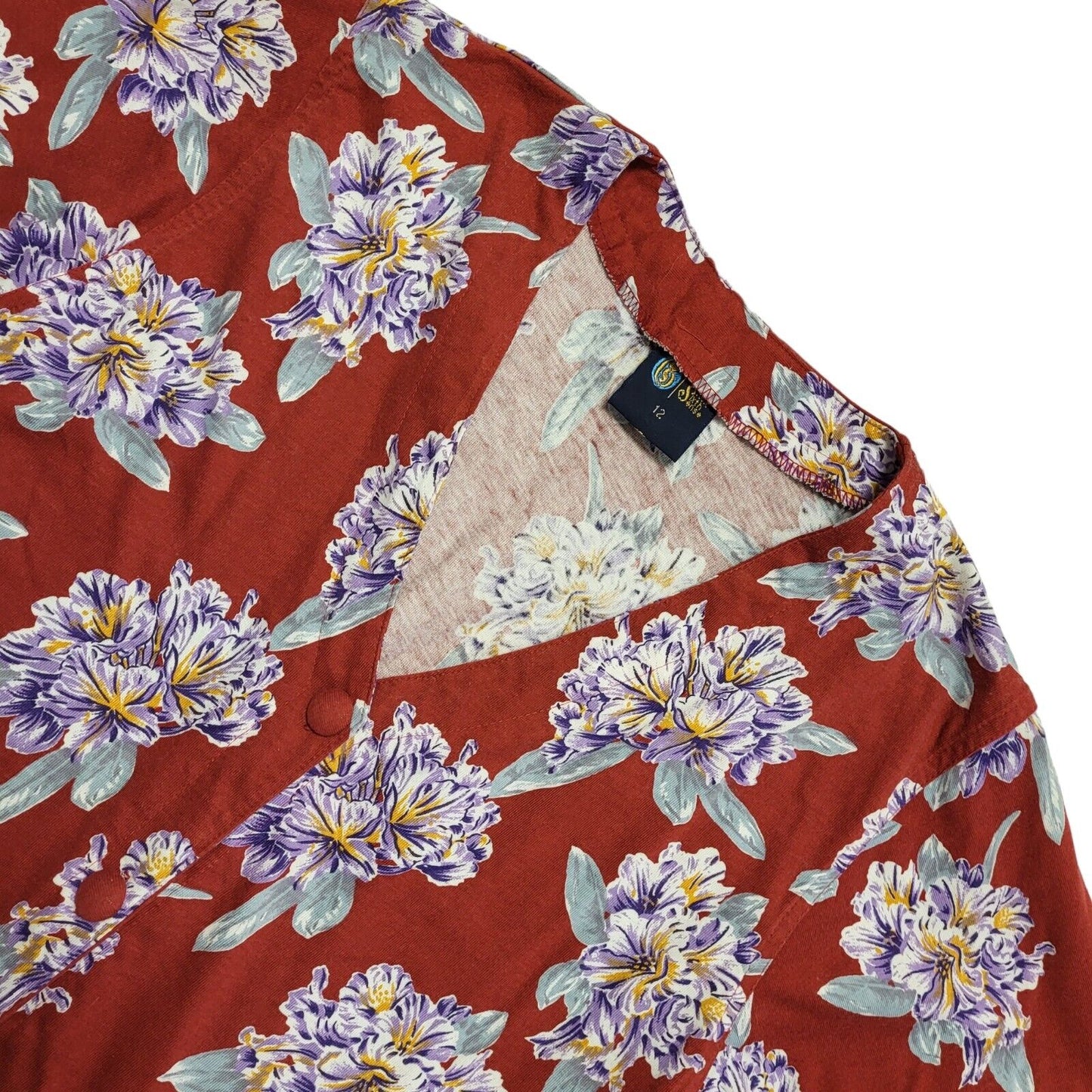 Sixth Sense 80s Short Sleeve Button Up Floral Red & Purple Blouse Womens UK 12
