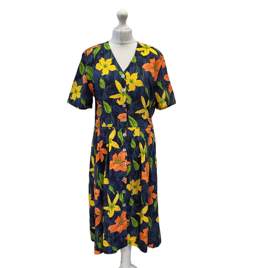Burton 90s Vintage Blue Yellow Floral Summer Dress Women's Size 14 EU 42