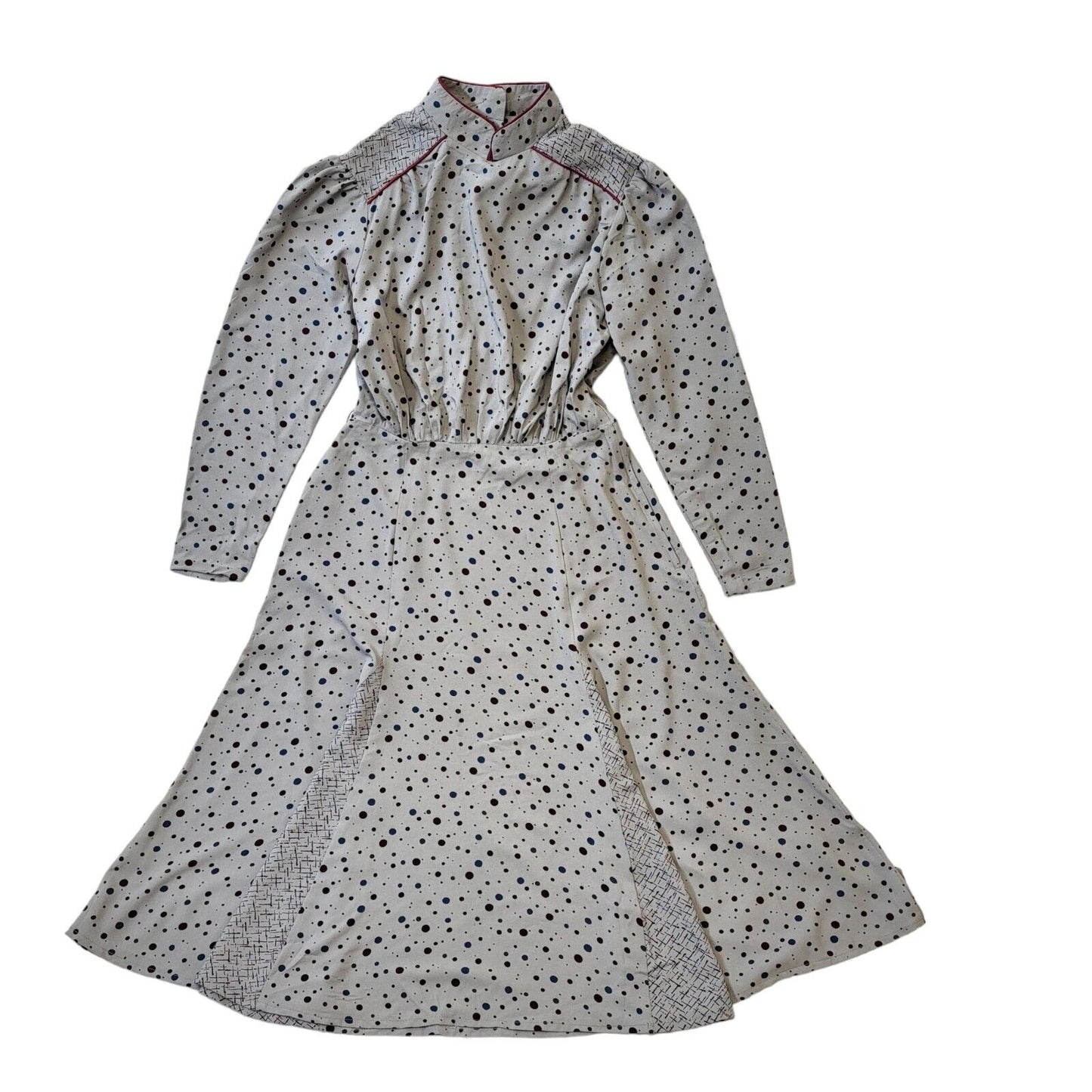 Fiona Dresses 70s Vintage Grey & Burgundy Dotty Dress Women's Size 12