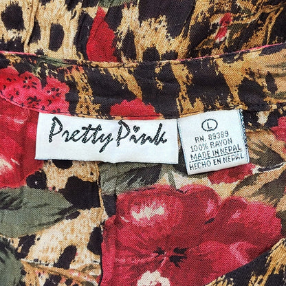 80s Vintage Pretty Pink Brown Leopard Print Fit & Flare Daywear Dress Women's L