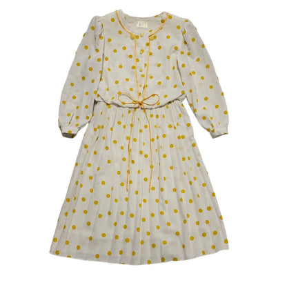 70s Vintage Dame Paris White Mustard Polka Dot Buttone Pleated Dress Women's 12