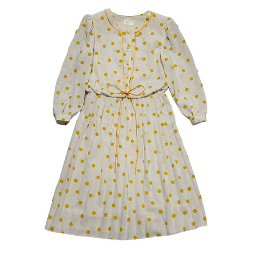 70s Vintage Dame Paris White Mustard Polka Dot Buttone Pleated Dress Women's 12