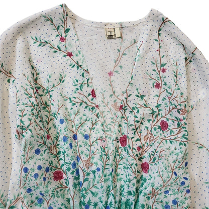 70s Vintage White Green Floral Blouse Long Sleeve Women's UK 12