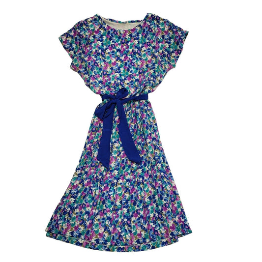 Dolina Vintage 80's Blue Purple Floral Daywear Dress Uk Women's Size 18