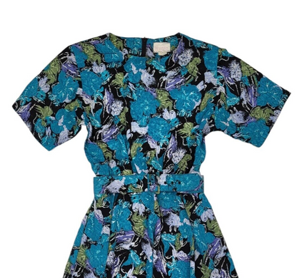 80s Vintage Kristen Blue Floral Fit & Flare Belted Daywear Dress Women's 10