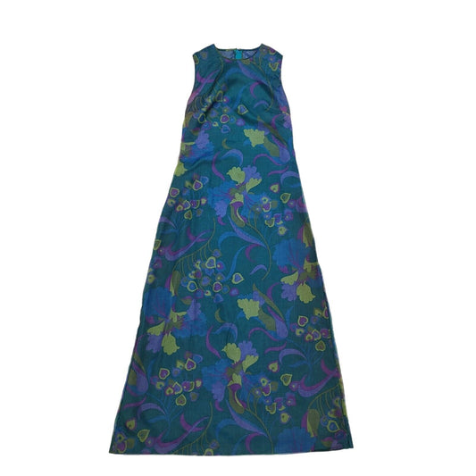 70s Vintage Green & Blue Floral Sleeveless Maxi Dress Women's 8