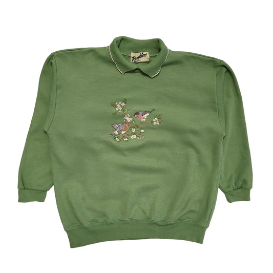 Rumblers Vintage 80s Green Bird Collared Sweatshirt Womens UK Size L