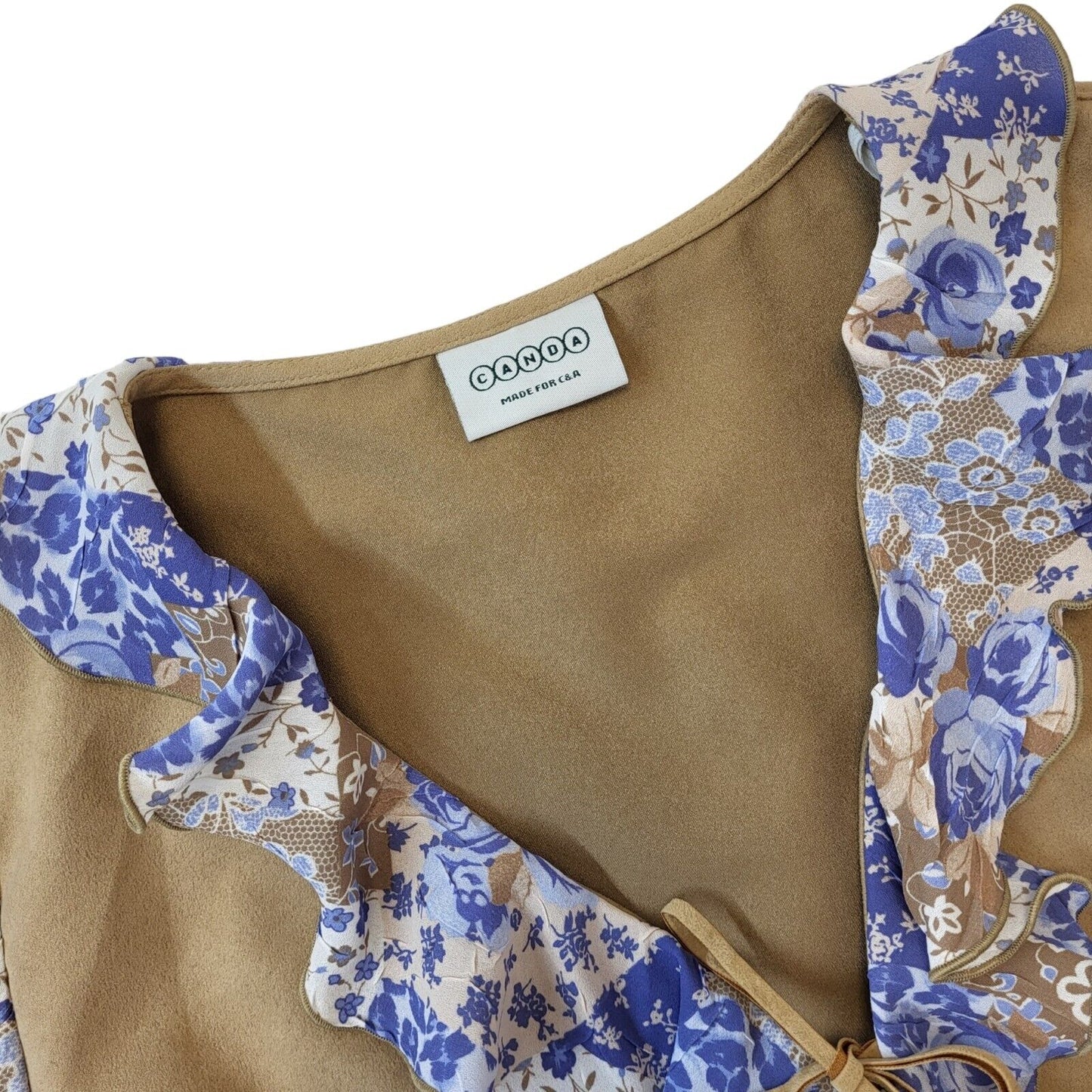 Canda 90s Vintage Brown & Blue Tie Front Ruffle Blouse Women's 12
