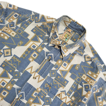 Fashion 90s Blue White Abstract Short Sleeve Retro Shirt Uk Men's Size M